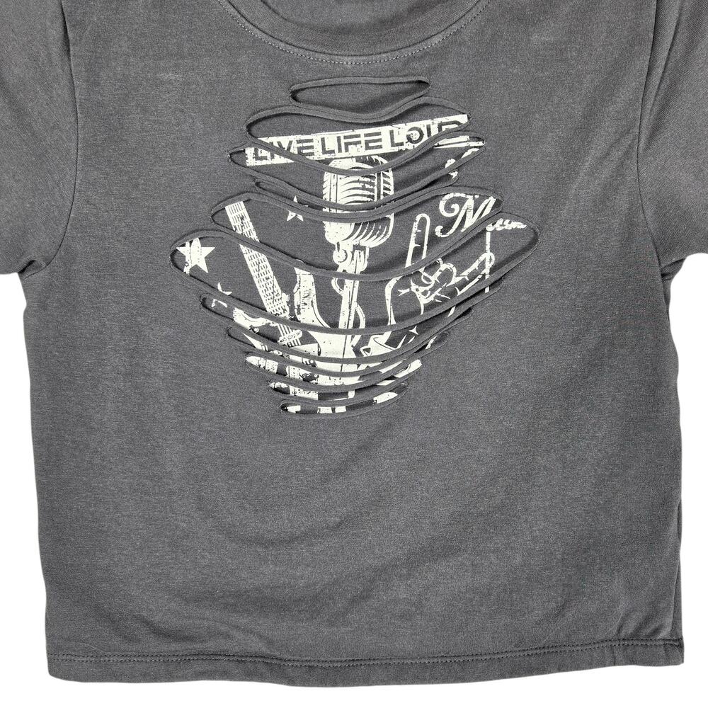 Vibe N' Cropped T-Shirt Juniors Medium Gray Live Life Loud Rock Tee Cutout - Picture 3 of 7